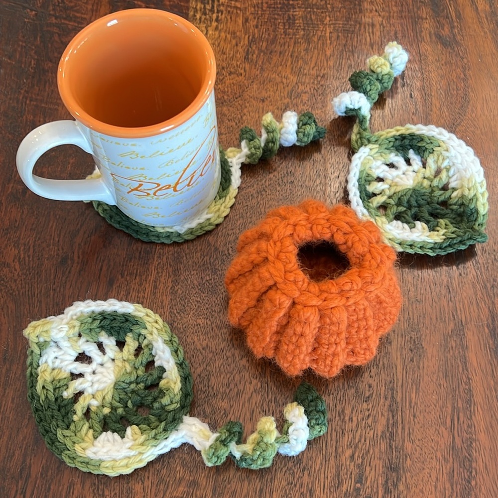 NEW! Handcrafted crochet pumpkin and leaf coaster set